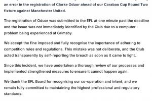 注册晚了！官方：因战曼联时违规派出球员，格林斯比被罚款2万镑