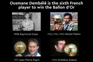 金球奖官方晒图：登贝莱成为第六位获此荣誉的法国球员
